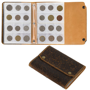 Arabesque Leather Coin Album - Hand Sewn Cover with Lock Button - 120 Pockets 42x40mm - AC0510