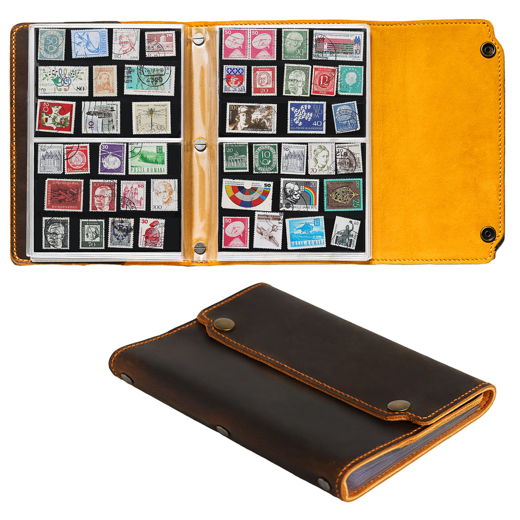Leather Stamp Album - Hand Sewn Cover with Lock Button - 120 Pockets 30x120mm - AP0201